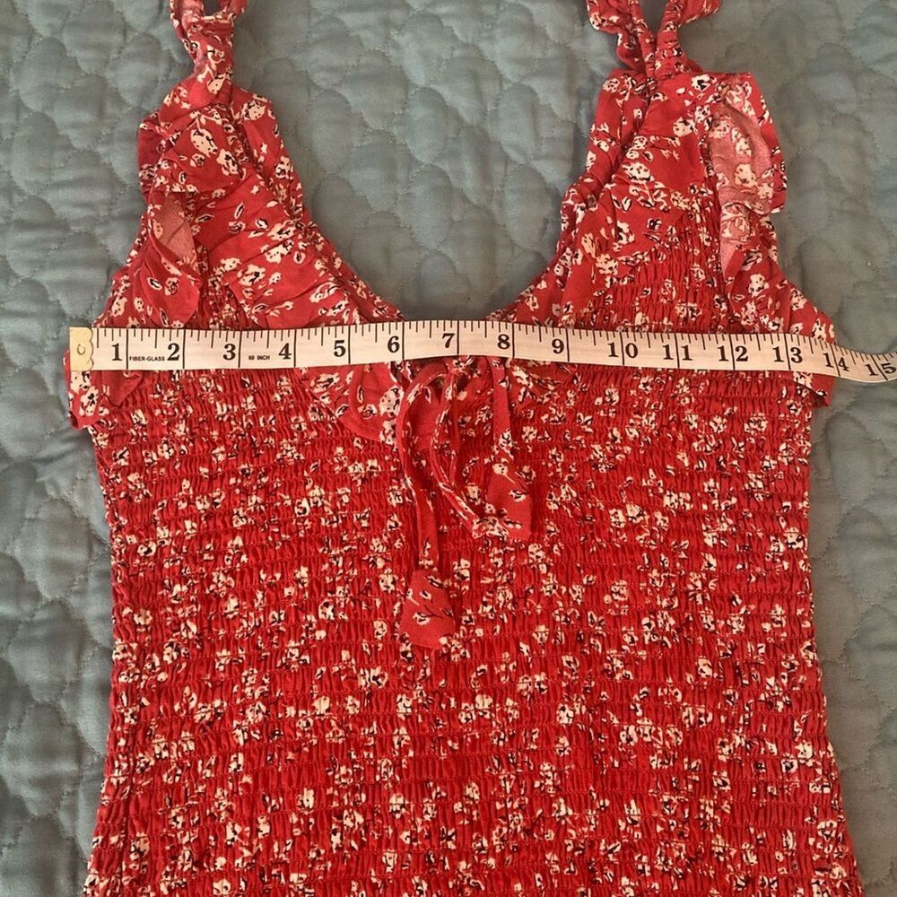 Y2K Smocked Mini Sun Dress XS Ruffle Strap Bodycon Red Cottage Boho Country - Picture 8 of 12